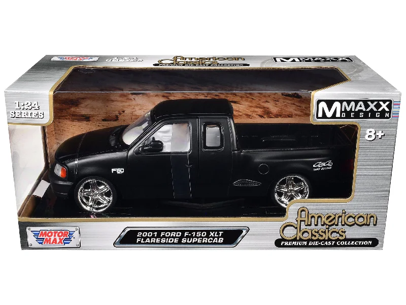 Steampunk - themed model toys for unique aesthetics​ 2001 Ford F-150 XLT Flareside Supercab Pickup Truck Matt Black with White Interior "Maxx Design" "American Classics" Series 1/24 Diecast Model Car by Motormax