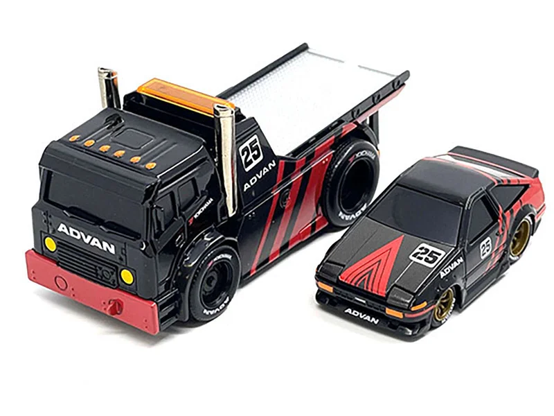 Ancient - ruins model toys for history and archaeology study​ JDM Flatbed Truck #25 Black and Red and 1983-85 Toyota Trueno Sprinter (AE86) #25 Black and Red "Advan" Livery "Muscle Transports" Series 1/64 Diecast Models by Muscle Machines