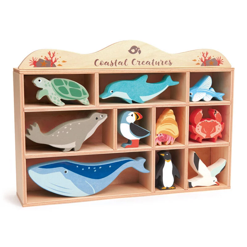 Handmade wooden toys with unique designs​ Tender Leaf Coastal Animals Display Shelf Set